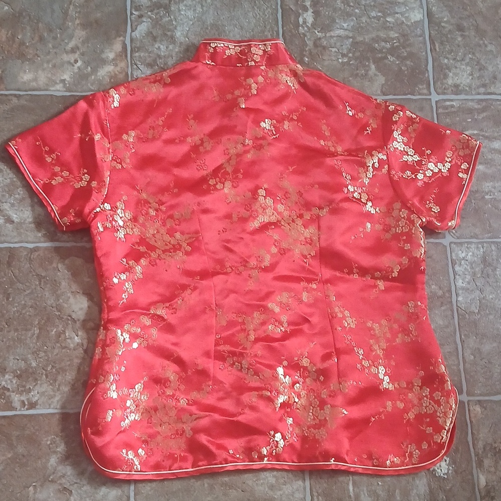 EYC TangiRed Satin Chinese Style Button-Up Top with Gold Floral Detail - Picture 5 of 6